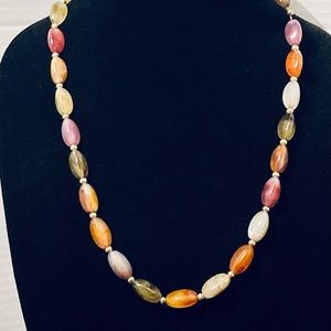 Vintage Napier necklace earthtone colored beads stones goldtone 23" marked fall